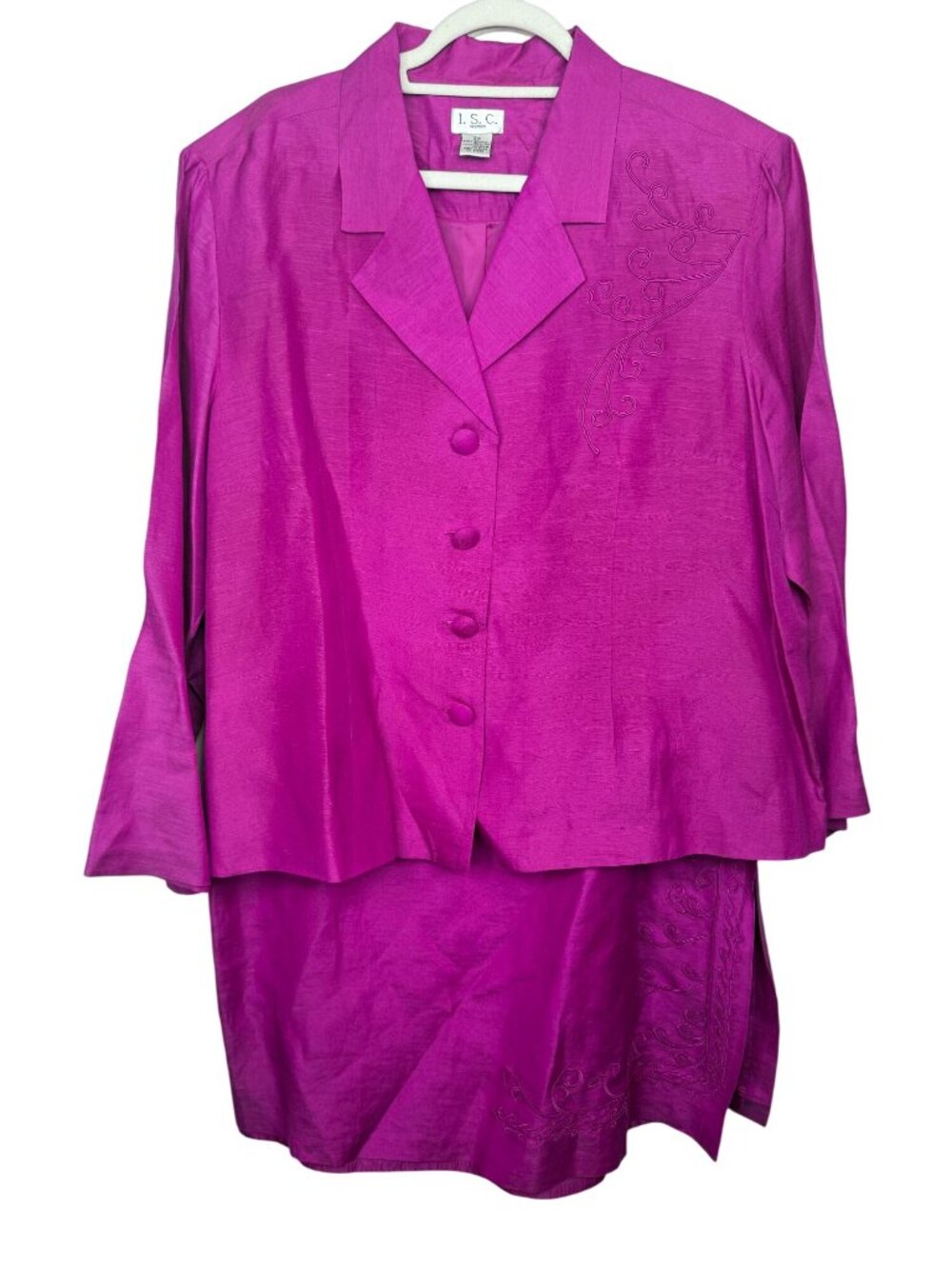 ISC Women's 2X Silk Linen 2 Piece Skirt Suit Fuchsia Pink Embroidered Plus